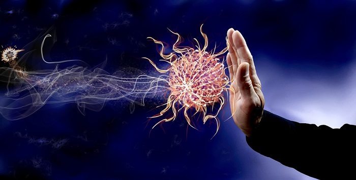 hand reaching out to stop virus immune system concept